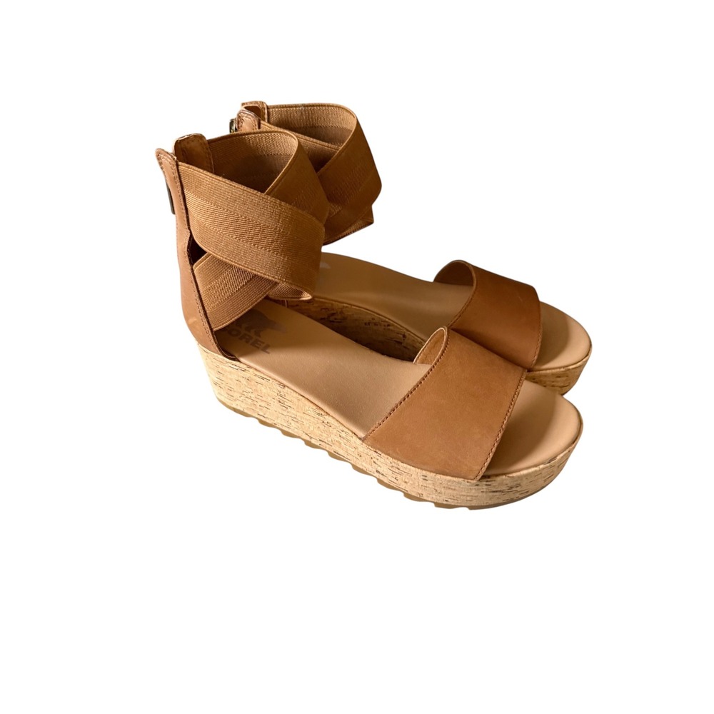Sorel Cameron Ankle Strap Wedge Sandals Tan Leather Elastic Sz 8